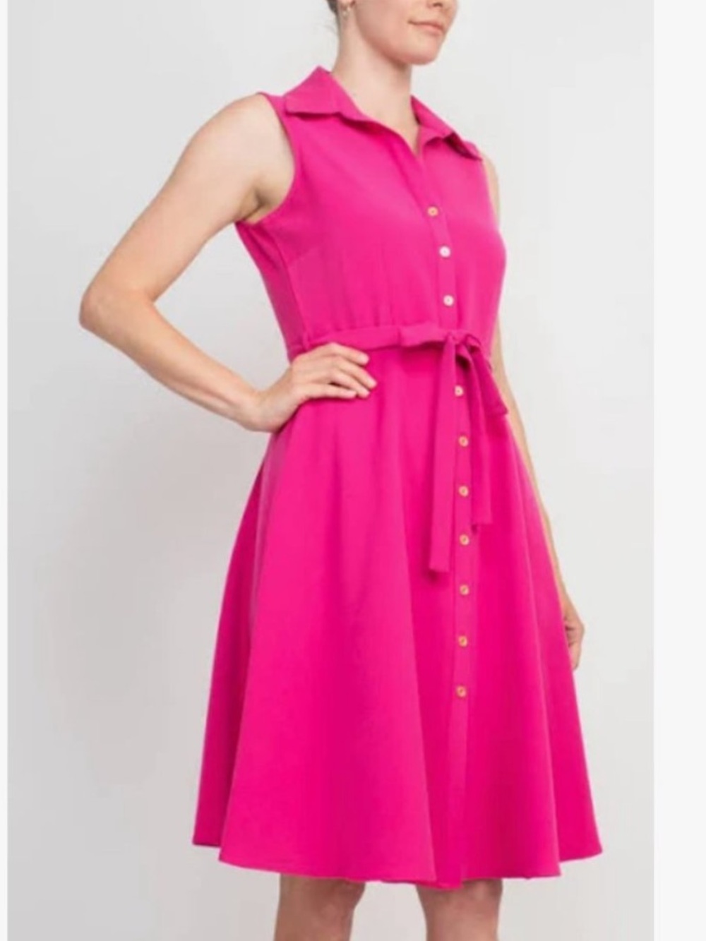 Sharagano Sleeveless Pink Button-Front Shirt Dress with Tie Waist